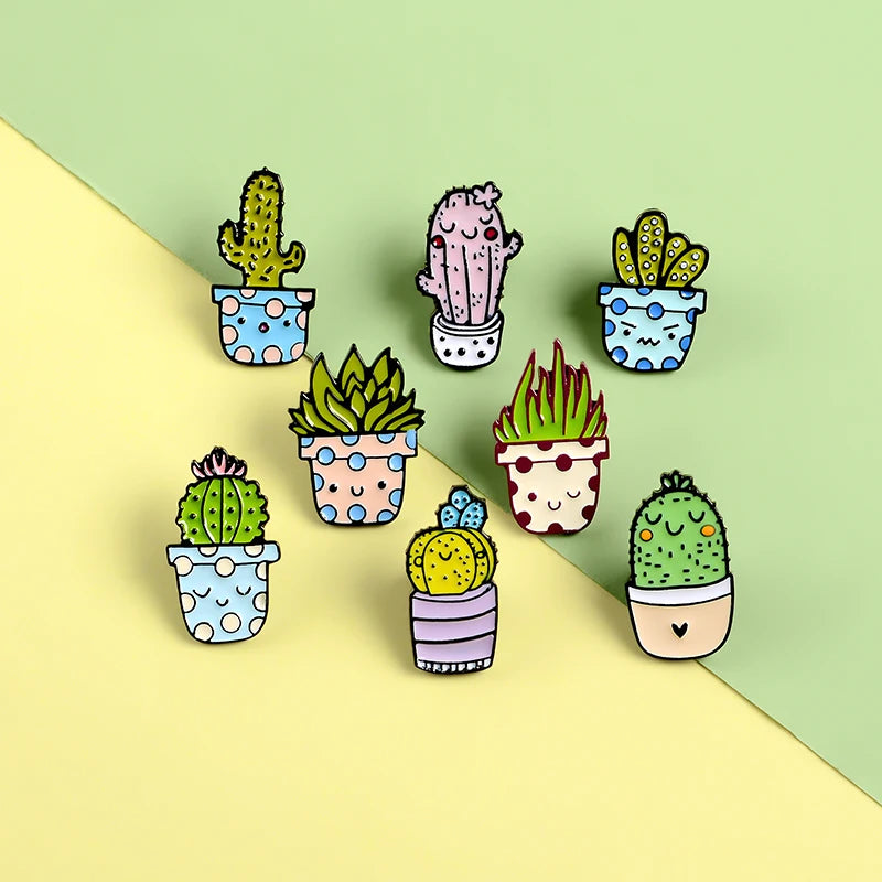 8Styles Potted Plant Enamel Pins Custom Cactus Aloe Brooches Lapel Pin Shirt Bag Catoon Badge Natural Jewelry Gift Kids Friends
