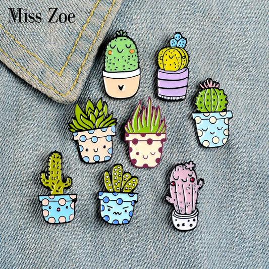 8Styles Potted Plant Enamel Pins Custom Cactus Aloe Brooches Lapel Pin Shirt Bag Catoon Badge Natural Jewelry Gift Kids Friends